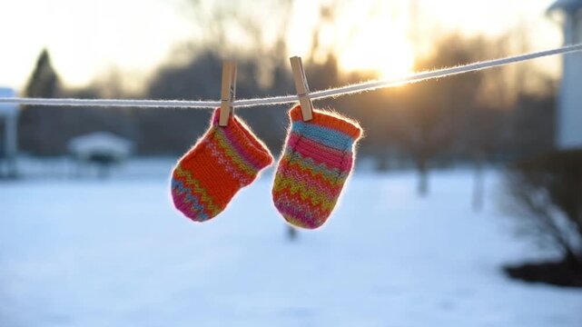 Small childrens mittens hanging on a clothesline in a snowy backyard with soft winter backlight, concept of simple childhood winter memory