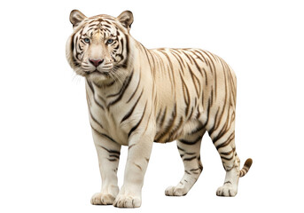 Naklejka premium Majestic white tiger standing proudly, wildlife animal photography, bengal tiger, big cat, feline, isolated on transparent background