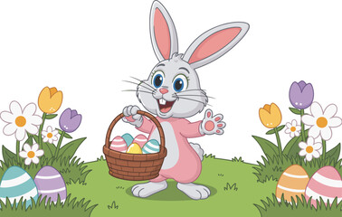Cute Easter Bunny Carrying a Basket Full of Colorful Eggs in a Spring Meadow Surrounded by Flowers and Green Grass