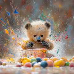 Puppy and kittens in boxes and basket surrounded by toys and fur