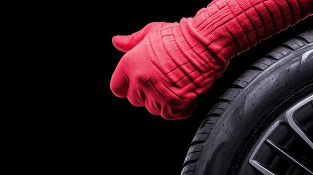 Person changing a tire in red gloves gives a thumbs up, showing confidence and readiness against a black background in a stock photo
