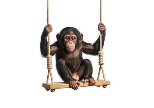 Cute baby chimpanzee on swing png, monkey primate animal, jungle wildlife, mammal, ape, hanging, playful, isolated on transparent background