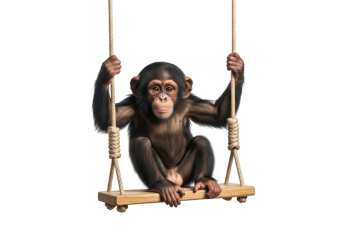 Cute baby chimpanzee on swing png, monkey primate animal, jungle wildlife, mammal, ape, hanging, playful, isolated on transparent background