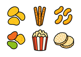 Colorful snack collection with chips, pretzels, and popcorn in flat design