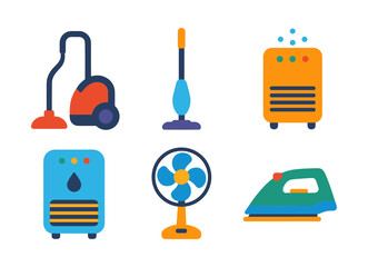 Colorful home appliances collection featuring vacuum, mop, dehumidifier, fan, and iron
