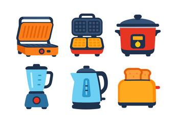 Colorful kitchen appliances collection featuring grill, waffle maker, and more