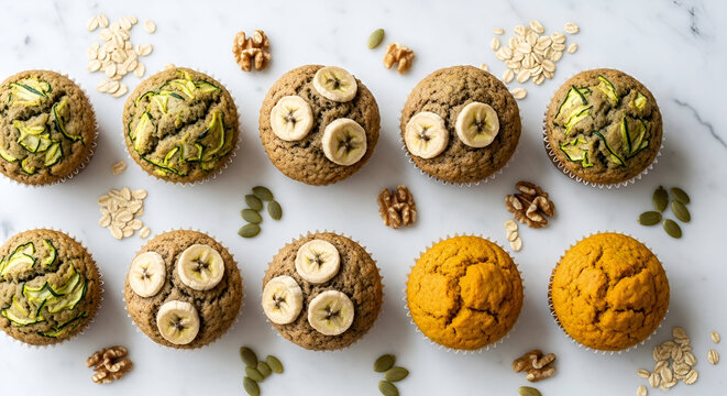 Assorted healthy muffins: zucchini, banana, and pumpkin