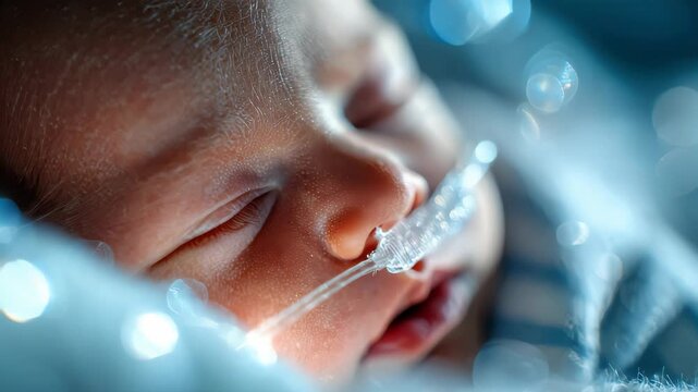 Close-up of a sleeping newborn baby with a breathing tube, representing neonatal care and medical support