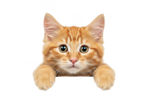 Cute orange tabby kitten peeking over edge adorable feline pet animal portrait ginger cat face isolated on transparent background
