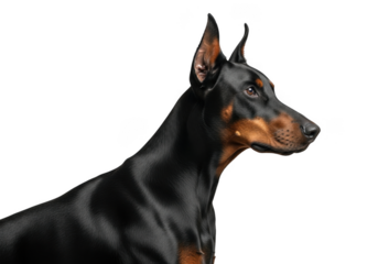 Doberman pinscher dog portrait side view head shot canine breed pet animal guard dog isolated on transparent background