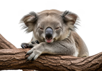 Cute koala sleeping on branch png, adorable animal image, wildlife photography, australian native animal, isolated on transparent background