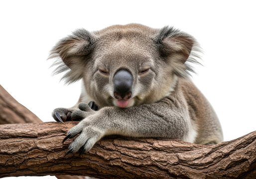 Cute koala sleeping on branch png, adorable animal image, wildlife photography, australian native animal, isolated on transparent background - Powered by Adobe