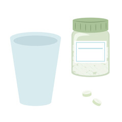 薬とコップの可愛いイラストセット素材