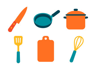 Colorful kitchen utensils set: knife, pan, pot, spatula, cutting board, whisk