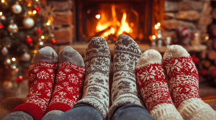 Christmas Xmas Family Holiday Winter. Family in Christmas socks near fireplace. Mother; father and baby having fun together. People relaxing at home.