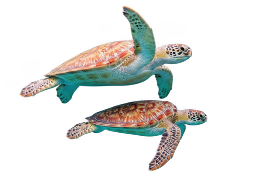 Two sea turtles swimming underwater wildlife marine life ocean aquatic animal reptiles conservation isolated on transparent background