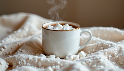 Steaming white mug filled with hot chocolate and marshmallows resting on textured beige fabric