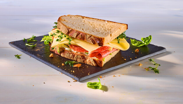 Brotzeit Schnitte mit Kaese und Salami, belegtes Brot, K&auml;seschnitte, Fr&uuml;hst&uuml;ck, 
