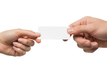 Two hands holding a blank white card mockup template presentation business message advertisement offer isolated on transparent background
