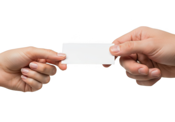 Two hands holding a blank white card mockup template presentation business message advertisement offer isolated on transparent background