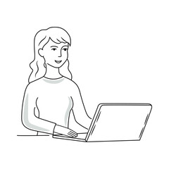 Happy businesswoman is working at a laptop. Work at home concept. Doodle hand drawn illustration.