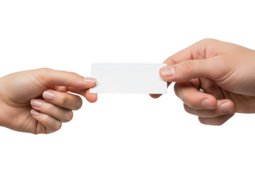 Two hands holding a blank white card mockup template presentation business message advertisement offer isolated on transparent background