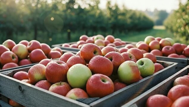 Freshly Harvested Apples in Wooden Crates at Orchard During Sunny Day