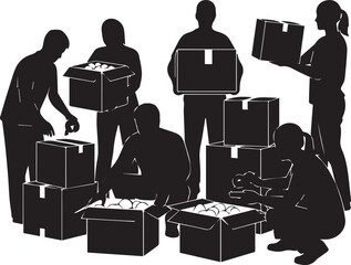 International volunteer day silhouette people assisting with donation boxes and community support