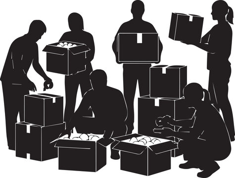 International volunteer day silhouette people assisting with donation boxes and community support