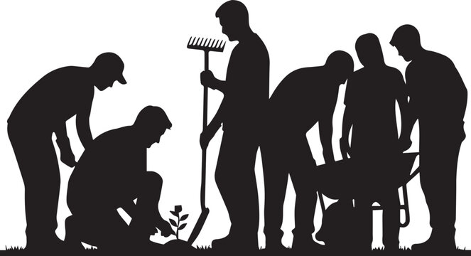 Diverse group of volunteers working together planting and gardening for community service - Powered by Adobe