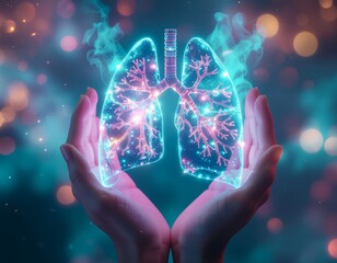 Hands Holding Glowing Digital Lungs Hologram with Futuristic Medical Concept