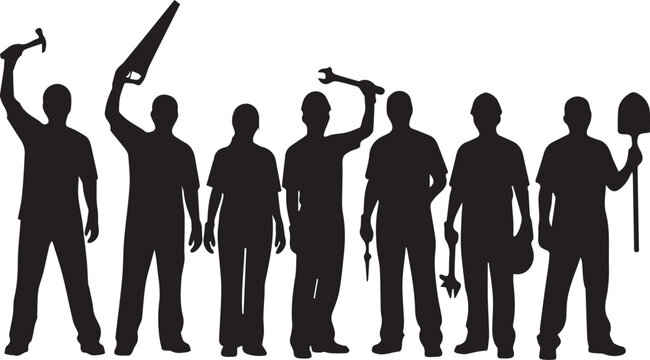 Diverse group of silhouetted people holding various tools representing international volunteer day concept - Powered by Adobe