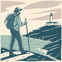 Pilgrim walking coast path to camino de santiago lighthouse