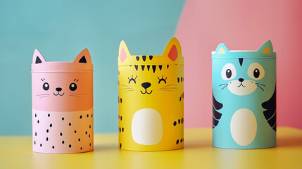Cute cat face containers for pet food or kids packaging on colorful pastel background