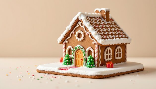 Detailed gingerbread house decorated with white icing candy trees and a small red gift