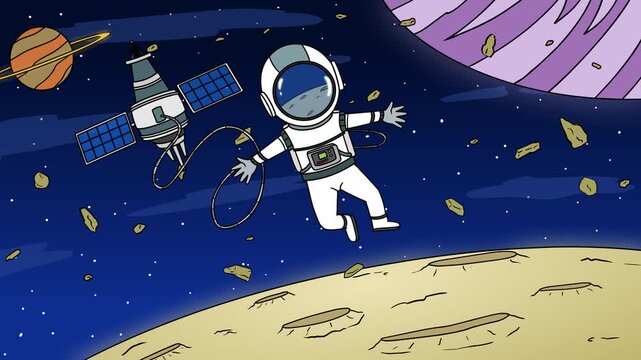 Astronaut Floating On Moon With Satellites