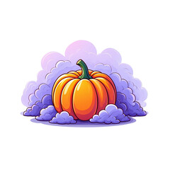 Cartoon pumpkin with purple clouds isolated on transparent background