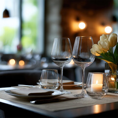 Elegant restaurant table set for two with wine glasses, candlelight, white tulip flower, romantic atmosphere, fine dining