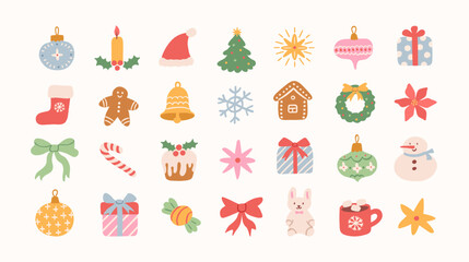 Christmas hand drawn cute vintage doodle icons. Christmas tree, gift, star, bows, candy cane, snowman, baubles, cacao, confetti, gingerbread, wreath. Holiday retro decorations. Vector illustration.