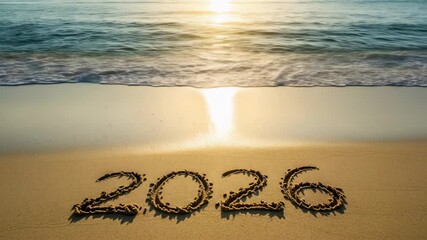 New Year 2026 written in sand on a beach, with gentle waves lapping at the shore, capturing the essence of celebration and new beginnings in a serene coastal setting	