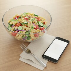 Colorful Pasta Salad with Vegetables in Glass Bowl Next to Smartphone and Fork on Wooden Table, Healthy Vegetarian Meal, Casual Lunch Setup, Modern Lifestyle Concept, Fresh Food and Tech Theme