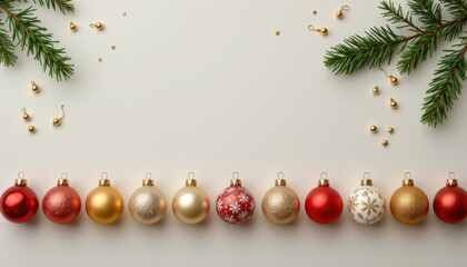 Row of shiny Christmas ornaments with pine branches and gold accents on a light background