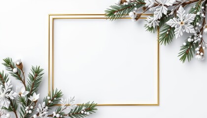 Square gold frame centerpiece surrounded by snowy evergreen branches white berries and snowflakes
