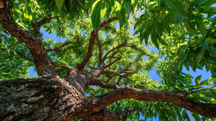 Fototapeta premium Upward View of Large Tree with Green Leaves