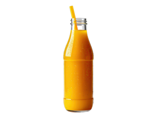 Clear Glass Bottle Filled With Bright Orange Juice And Small Water Droplets Against A Transparent Background Illuminated By Soft Natural Light