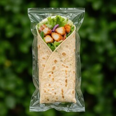 Packaged Chicken Wrap with Lettuce, Onion and Tortilla in Vacuum-Sealed Bag, Healthy Grab-and-Go Snack, Ready-to-Eat Lunch Item, Fresh Convenience Food, Outdoor Background, Retail Food Product