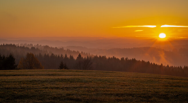 Morning in Sumava mountains Lipno reservoir near Horice na Sumave