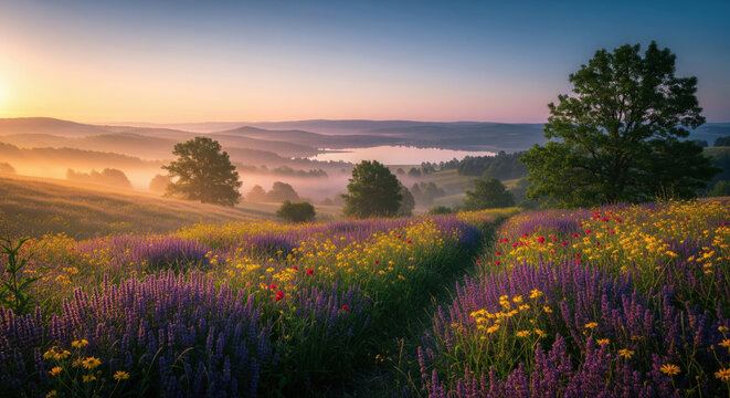 Wildflower Field with Lake and Fog at Sunrise