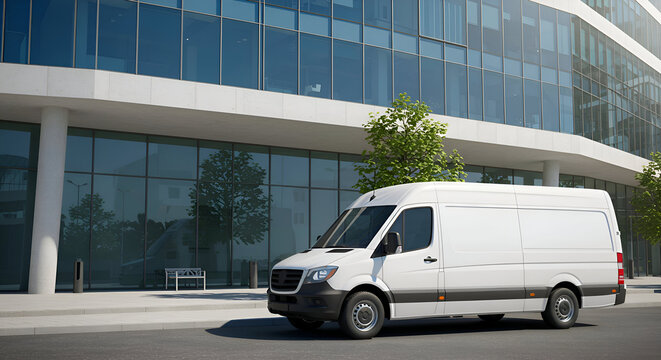 White delivery van parked outside a modern office building on a sunny day. Business professional with delivery van in front of office building.