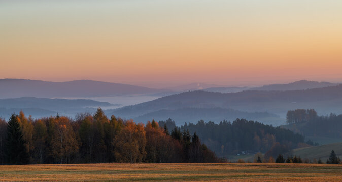 Morning in Sumava mountains Lipno reservoir near Horice na Sumave